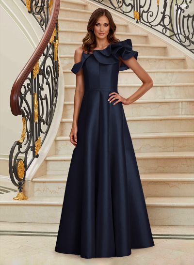 A-Line Asymmetrical Neck Satin Mother Of The Bride Dresses With Cascading Ruffles