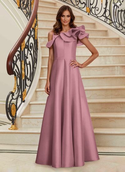 A-Line Asymmetrical Neck Satin Mother Of The Bride Dresses With Cascading Ruffles