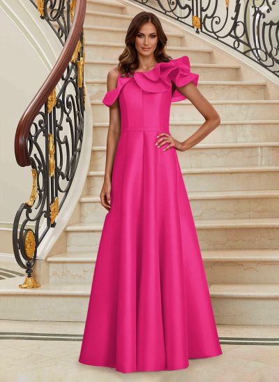 A-Line Asymmetrical Neck Satin Mother Of The Bride Dresses With Cascading Ruffles