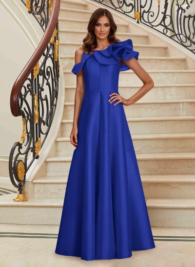 A-Line Asymmetrical Neck Satin Mother Of The Bride Dresses With Cascading Ruffles