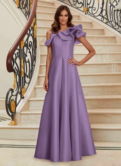 A-Line Asymmetrical Neck Satin Mother Of The Bride Dresses With Cascading Ruffles