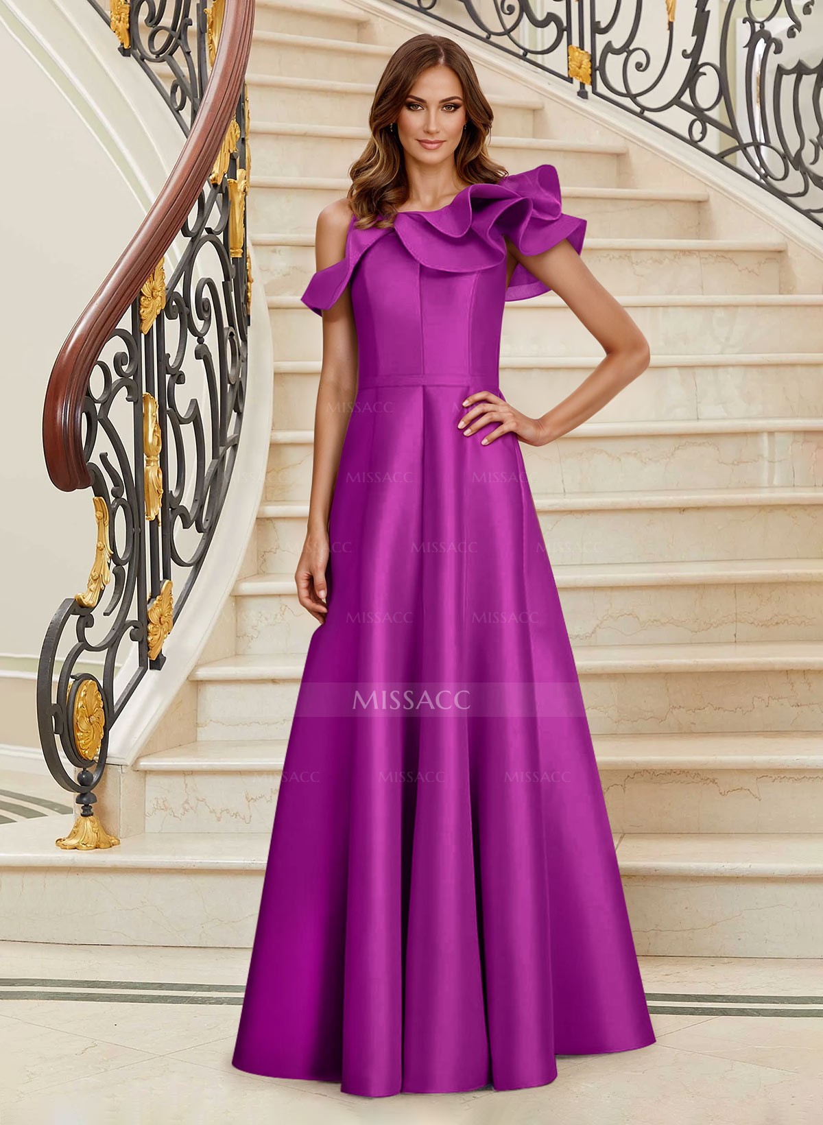 A-Line Asymmetrical Neck Satin Mother Of The Bride Dresses With Cascading Ruffles