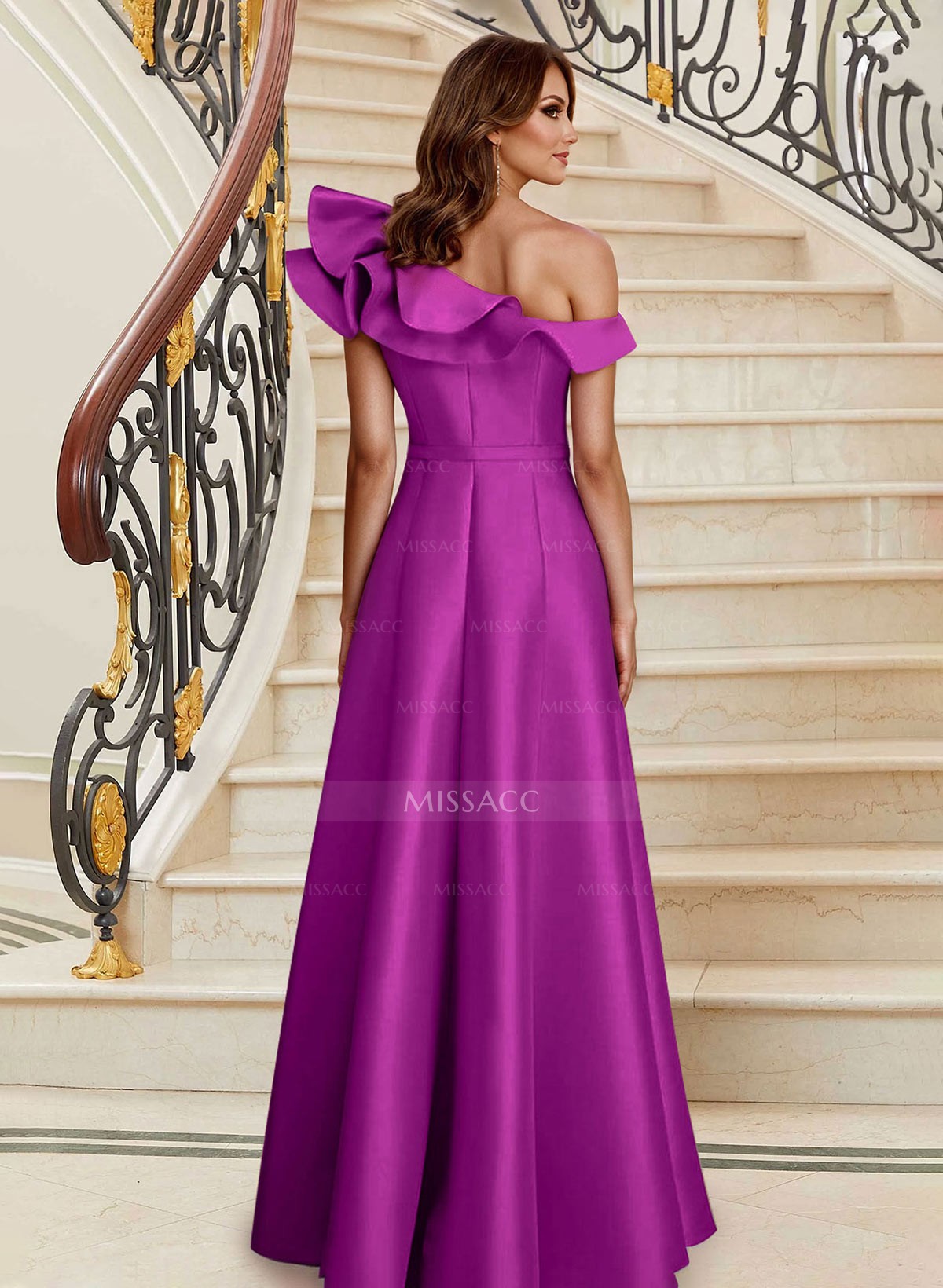 A-Line Asymmetrical Neck Satin Mother Of The Bride Dresses With Cascading Ruffles