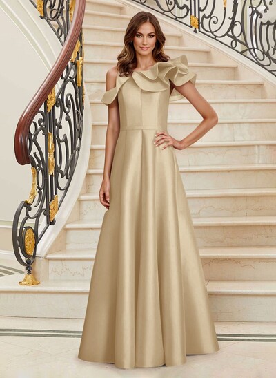 A-Line Asymmetrical Neck Satin Mother Of The Bride Dresses With Cascading Ruffles
