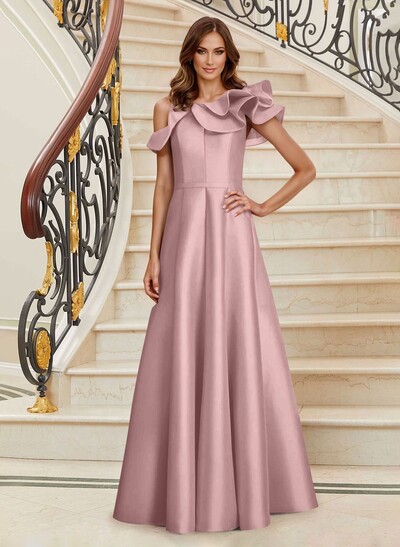 A-Line Asymmetrical Neck Satin Mother Of The Bride Dresses With Cascading Ruffles