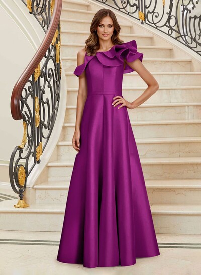A-Line Asymmetrical Neck Satin Mother Of The Bride Dresses With Cascading Ruffles