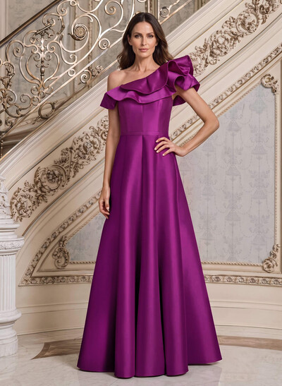 A-Line Asymmetrical Neck Satin Mother Of The Bride Dresses With Cascading Ruffles