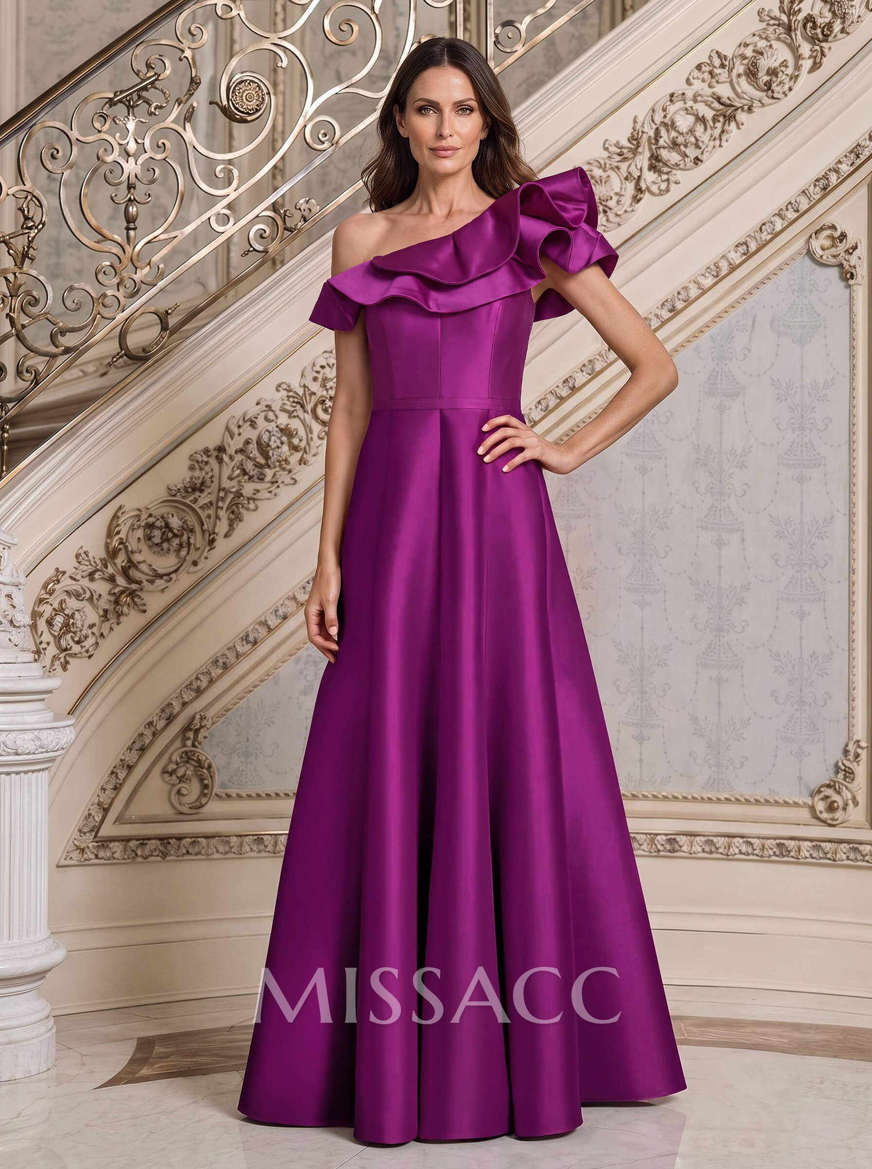 A-Line Asymmetrical Neck Satin Mother Of The Bride Dresses With Cascading Ruffles