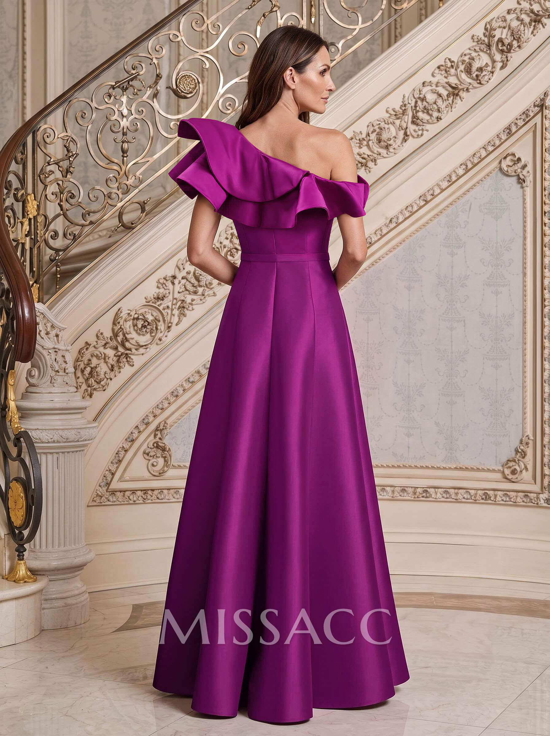 A-Line Asymmetrical Neck Satin Mother Of The Bride Dresses With Cascading Ruffles