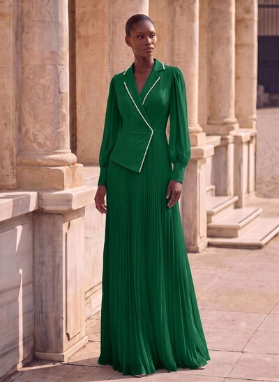 A-Line V-Neck Long Sleeves Sweep Train Chiffon Mother Of The Bride Dresses