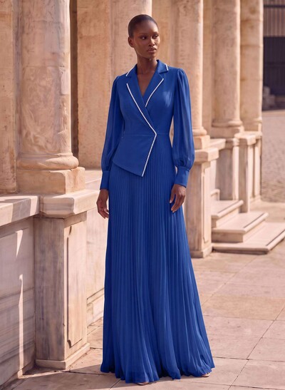 A-Line V-Neck Long Sleeve Sweep Train Chiffon Mother Of The Bride Dresses