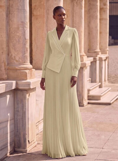 A-Line V-Neck Long Sleeves Sweep Train Chiffon Mother Of The Bride Dresses