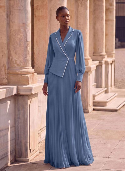 A-Line V-Neck Long Sleeve Sweep Train Chiffon Mother Of The Bride Dresses