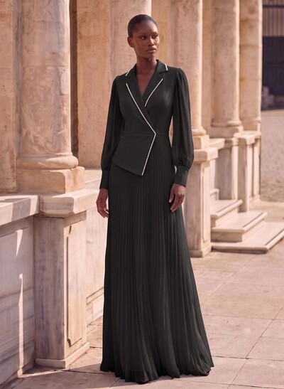 A-Line V-Neck Long Sleeve Sweep Train Chiffon Mother Of The Bride Dresses