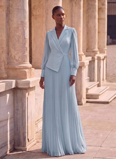 A-Line V-Neck Long Sleeves Sweep Train Chiffon Mother Of The Bride Dresses