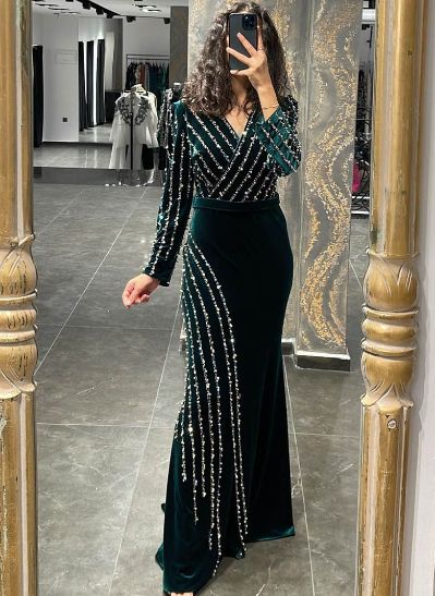 Velvet V-Neck Long Sleeves Beading Mother Of The Bride Dresses