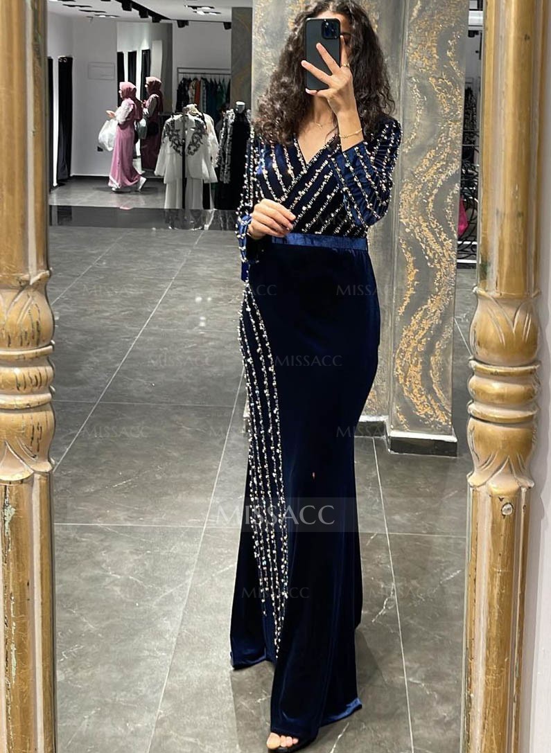 Velvet V-Neck Long Sleeves Beading Mother Of The Bride Dresses