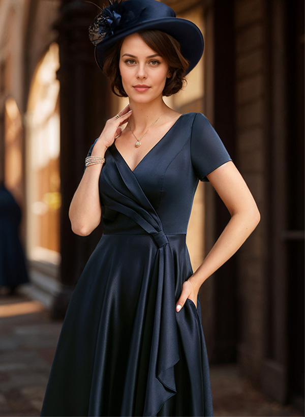 A-Line V-Neck Short Sleeves Satin Mother Of The Bride Dresses With Ruffle