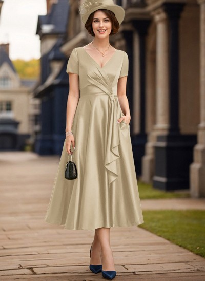 A-Line V-Neck Short Sleeves Satin Mother Of The Bride Dresses With Ruffle