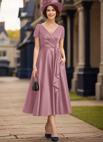 A-Line V-Neck Short Sleeves Satin Mother Of The Bride Dresses With Ruffle