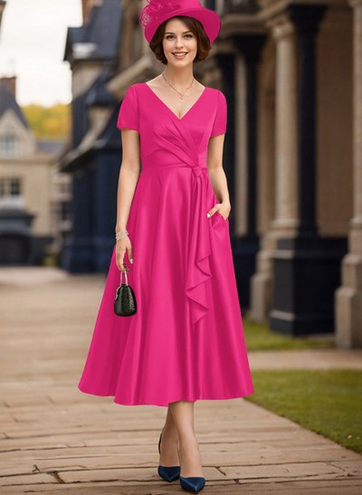 A-Line V-Neck Short Sleeves Satin Mother Of The Bride Dresses With Ruffle