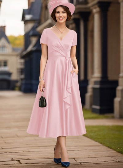 A-Line V-Neck Short Sleeves Satin Mother Of The Bride Dresses With Ruffle