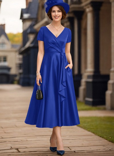 A-Line V-Neck Short Sleeves Satin Mother Of The Bride Dresses With Ruffle