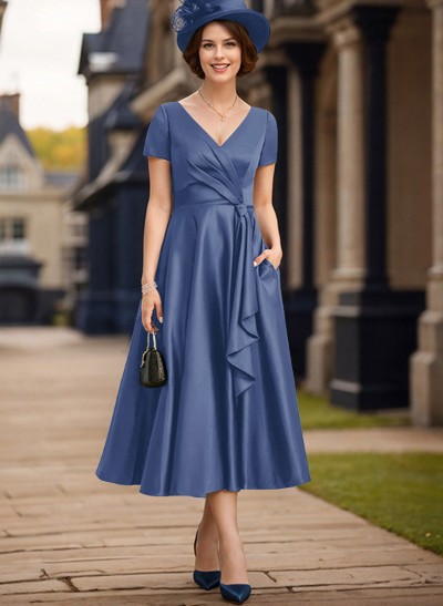 A-Line V-Neck Short Sleeves Satin Mother Of The Bride Dresses With Ruffle