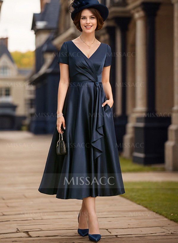 A-Line V-Neck Short Sleeves Satin Mother Of The Bride Dresses With Ruffle
