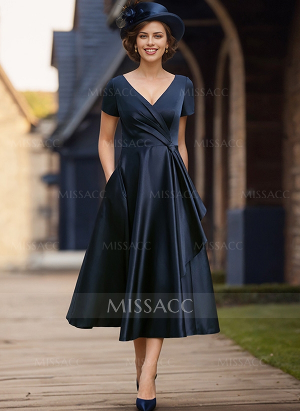 A-Line V-Neck Short Sleeves Satin Mother Of The Bride Dresses With Ruffle