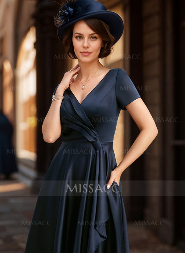 A-Line V-Neck Short Sleeves Satin Mother Of The Bride Dresses With Ruffle