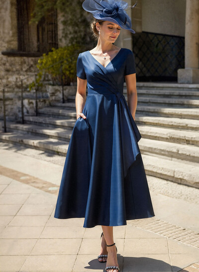 A-Line V-Neck Short Sleeves Satin Mother Of The Bride Dresses With Ruffle