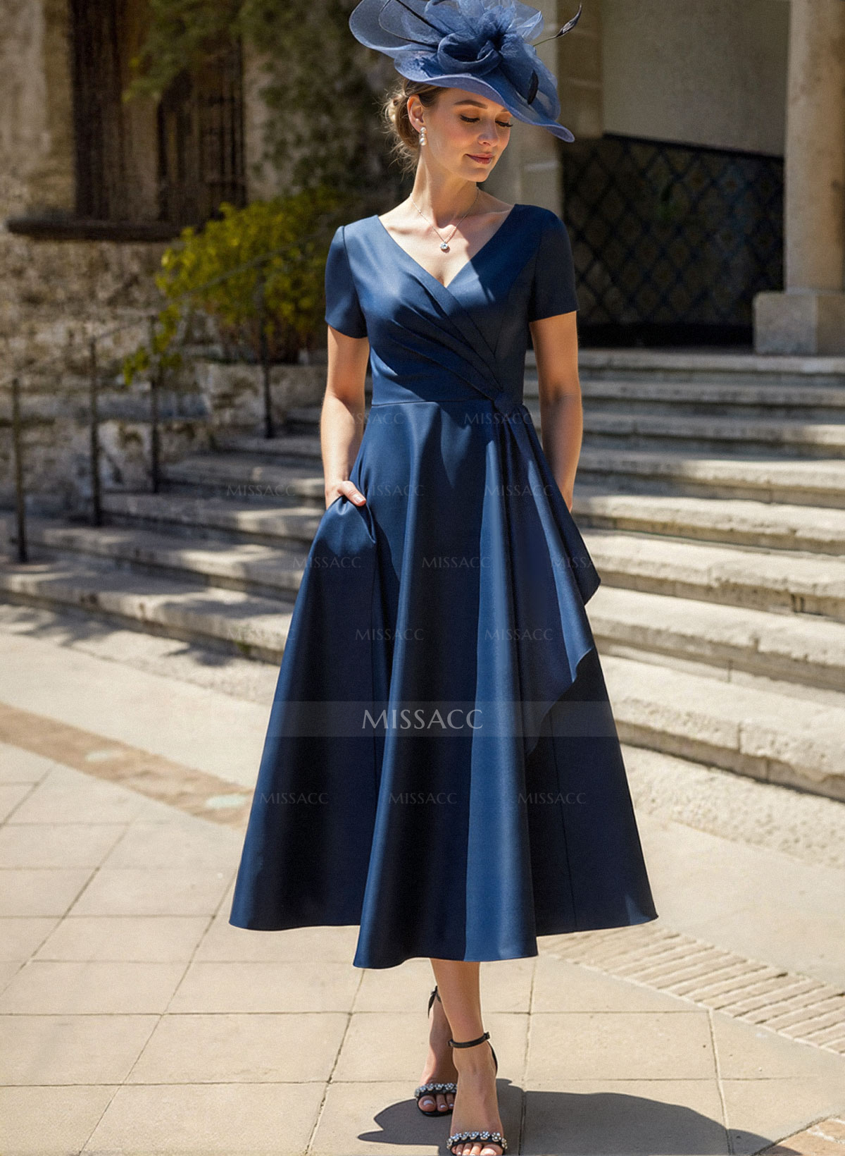 A-Line V-Neck Short Sleeves Satin Mother Of The Bride Dresses With Ruffle