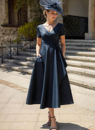 A-Line V-Neck Short Sleeves Satin Mother Of The Bride Dresses With Ruffle