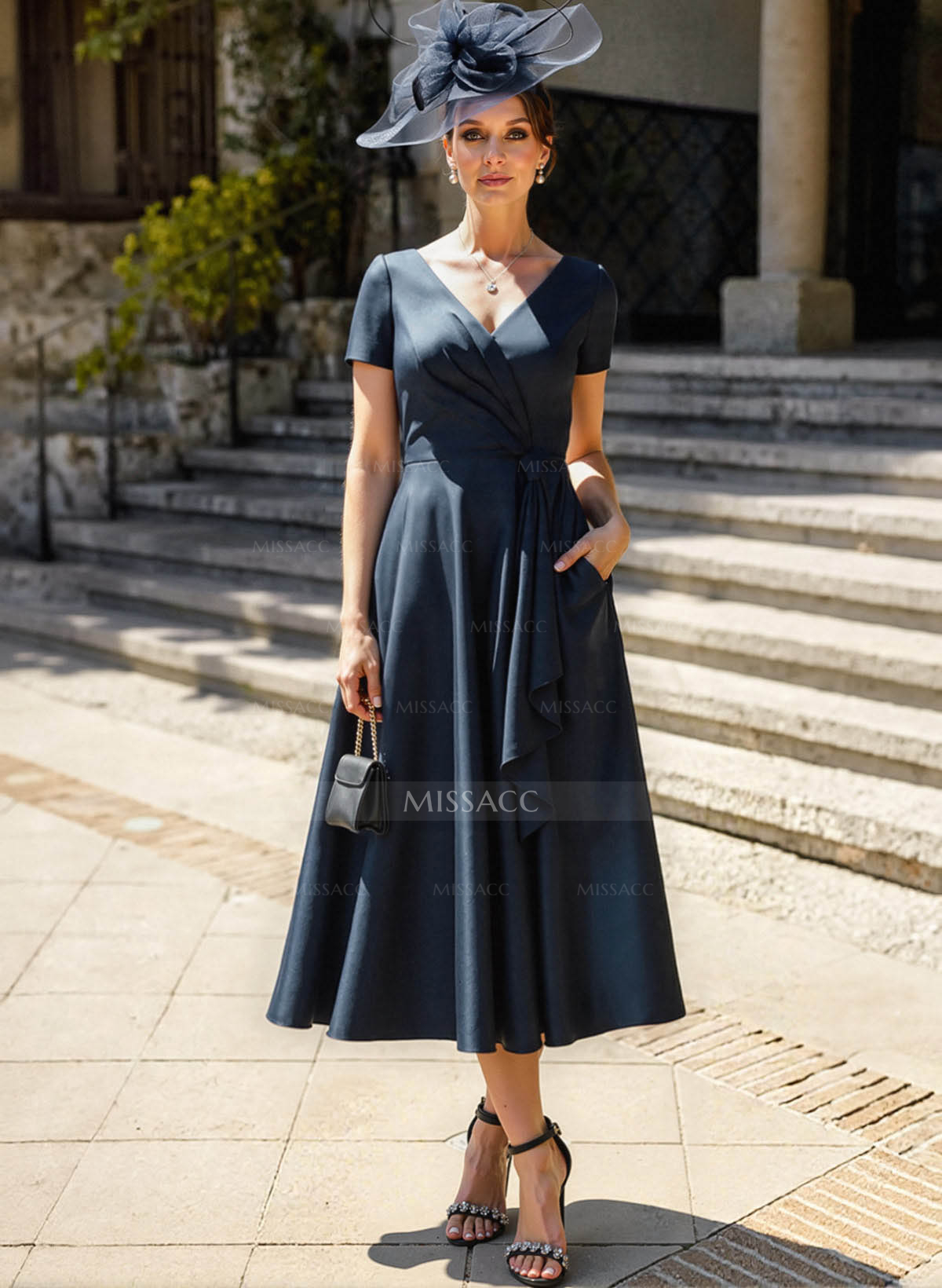 A-Line V-Neck Short Sleeves Satin Mother Of The Bride Dresses With Ruffle
