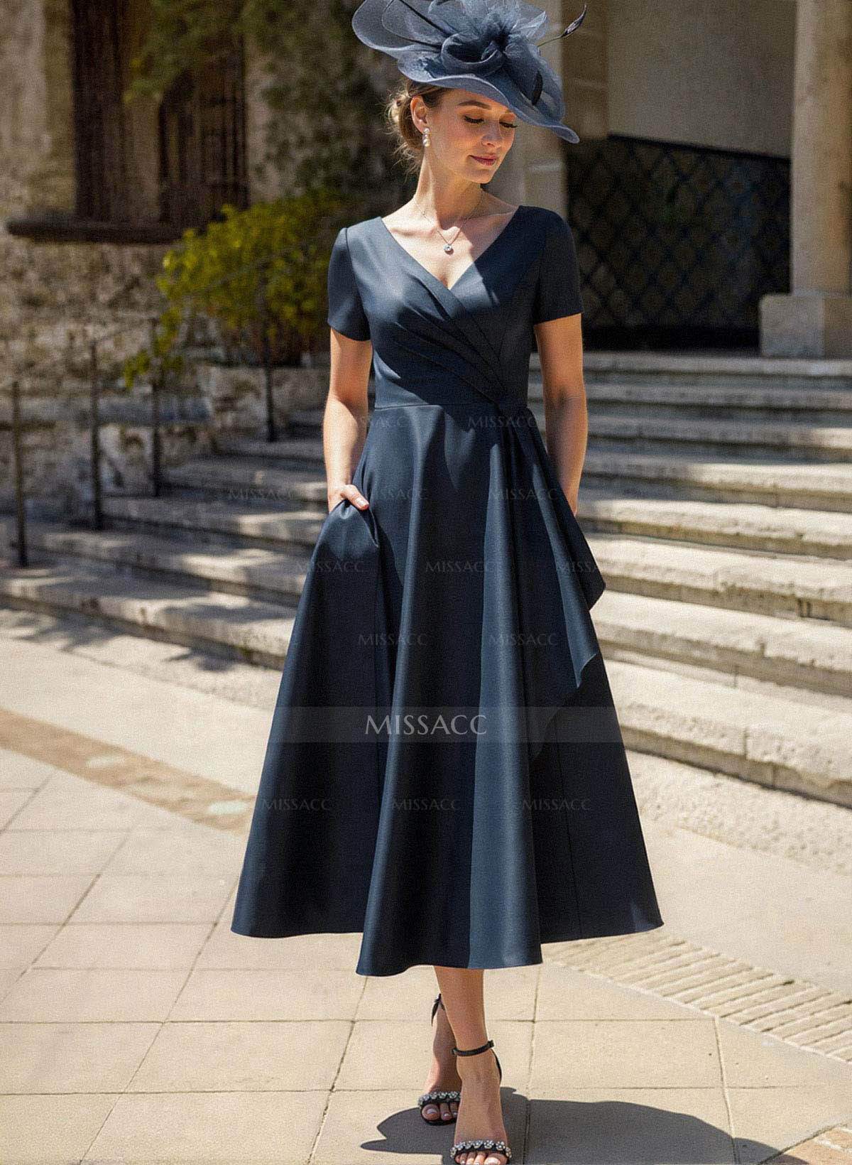 A-Line V-Neck Short Sleeves Satin Mother Of The Bride Dresses With Ruffle