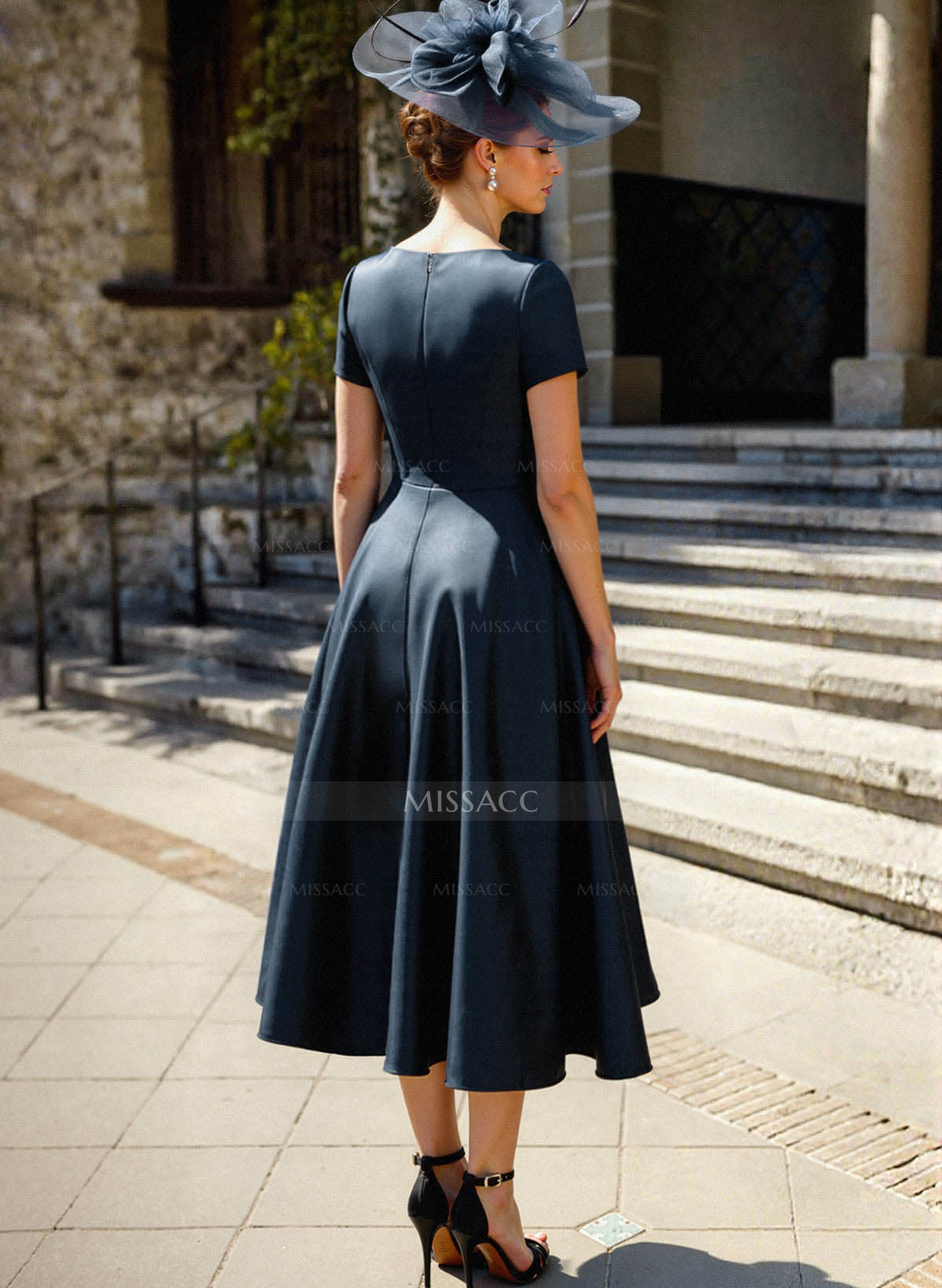 A-Line V-Neck Short Sleeves Satin Mother Of The Bride Dresses With Ruffle