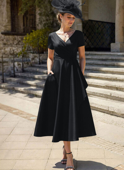 A-Line V-Neck Short Sleeves Satin Mother Of The Bride Dresses With Ruffle