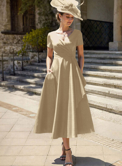 A-Line V-Neck Short Sleeves Satin Mother Of The Bride Dresses With Ruffle