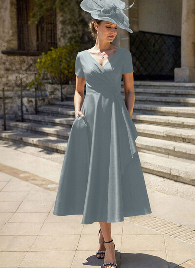 A-Line V-Neck Short Sleeves Satin Mother Of The Bride Dresses With Ruffle