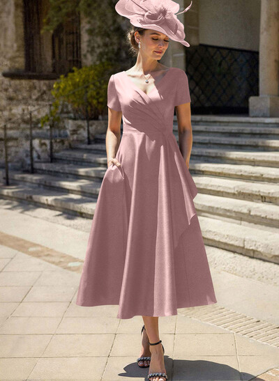 A-Line V-Neck Short Sleeves Satin Mother Of The Bride Dresses With Ruffle