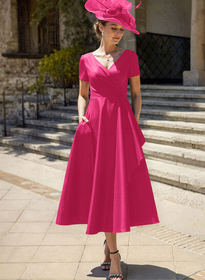 A-Line V-Neck Short Sleeves Satin Mother Of The Bride Dresses With Ruffle