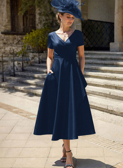 A-Line V-Neck Short Sleeves Satin Mother Of The Bride Dresses With Ruffle