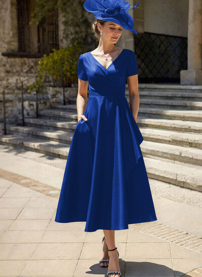 A-Line V-Neck Short Sleeves Satin Mother Of The Bride Dresses With Ruffle