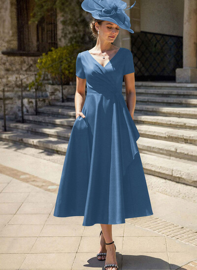 A-Line V-Neck Short Sleeves Satin Mother Of The Bride Dresses With Ruffle