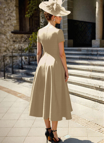 A-Line V-Neck Short Sleeves Satin Mother Of The Bride Dresses With Ruffle