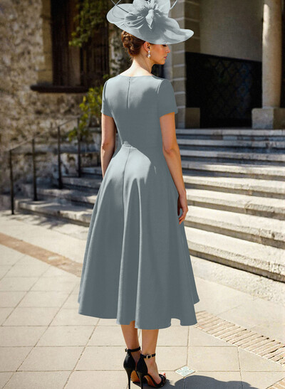 A-Line V-Neck Short Sleeves Satin Mother Of The Bride Dresses With Ruffle