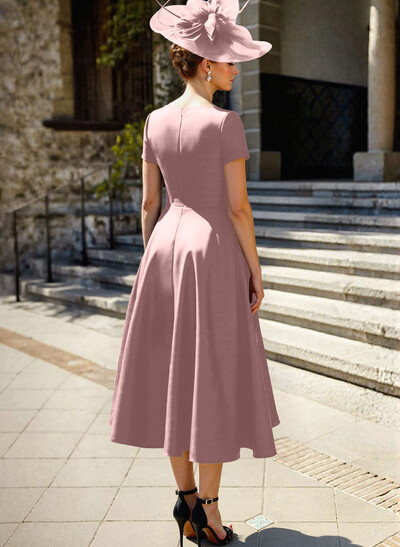 A-Line V-Neck Short Sleeves Satin Mother Of The Bride Dresses With Ruffle