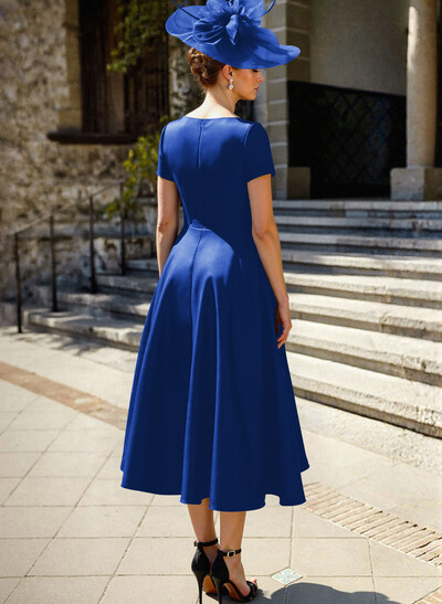 A-Line V-Neck Short Sleeves Satin Mother Of The Bride Dresses With Ruffle