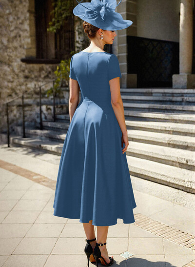 A-Line V-Neck Short Sleeves Satin Mother Of The Bride Dresses With Ruffle